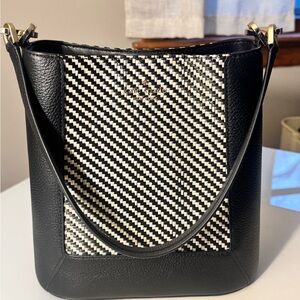 Kate Spade Lena Straw/pebbled Leather Bucket Bag w/ Black & White Woven Front